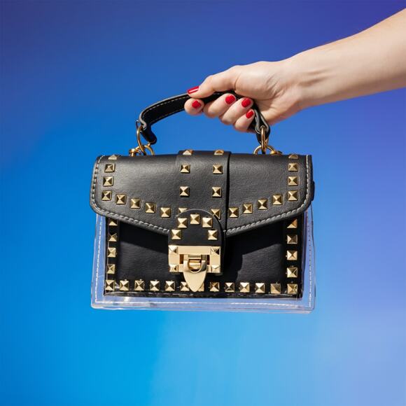 Studded Faux Leather Crossbody Handbag with Detachable Chain Strap - Picture 1 of 8